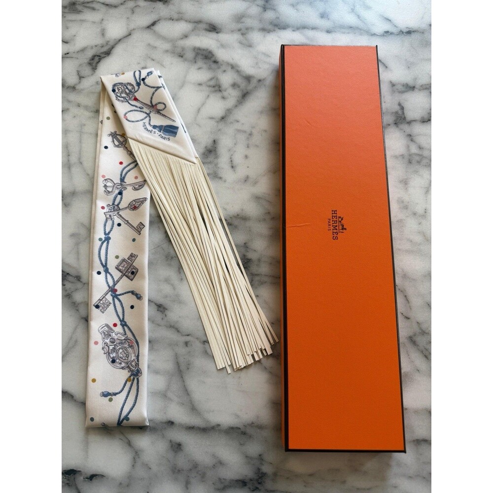 BNIB Hermes Les Cles a Pois White Leather Fringes Handbag Bag Scarf Twilly - Picture 6 of 6